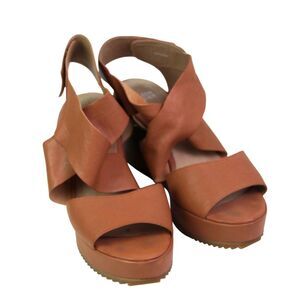 Eileen Fisher TAN BROWN REAL LEATHER PLATFORM OPEN TOE SANDALS SHOES Sz 8 1/2